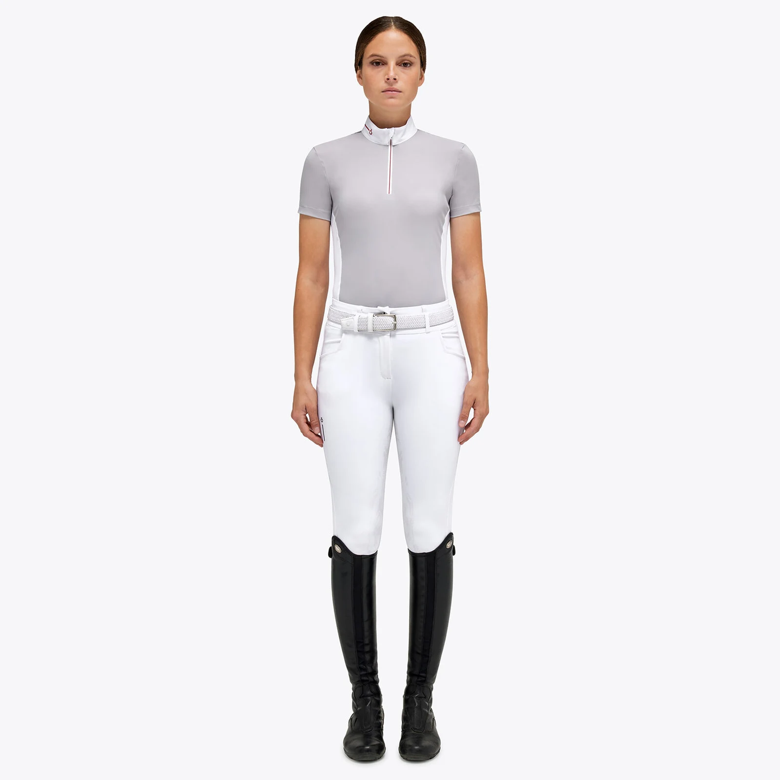 Gray short-sleeved competition polo shirt with fine technical fabric back for women - Cavalleria Toscana