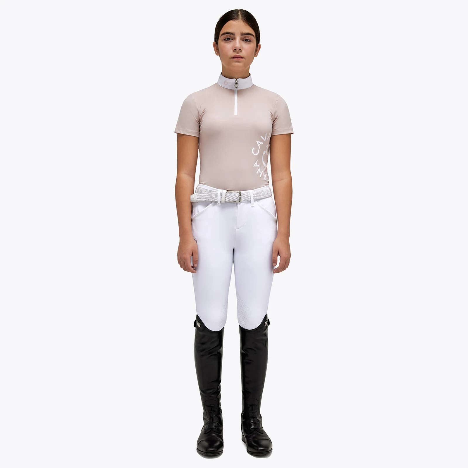 Polo de compétition rose poudré à manches courtes avec le grand logo en haut à gauche pour fille - Cavalleria Toscana