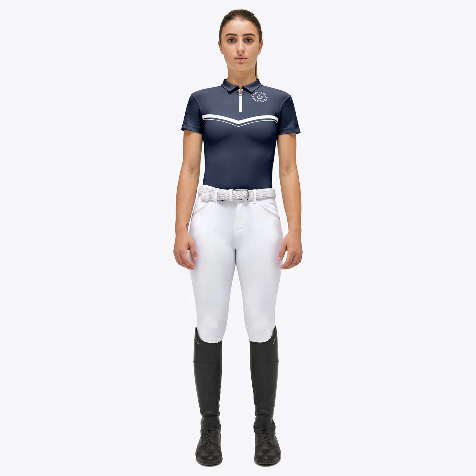 Polo de entrenamiento con cremallera y jersey estampado CT Orbit manga corta color azul marino para niña - Cavalleria Toscana