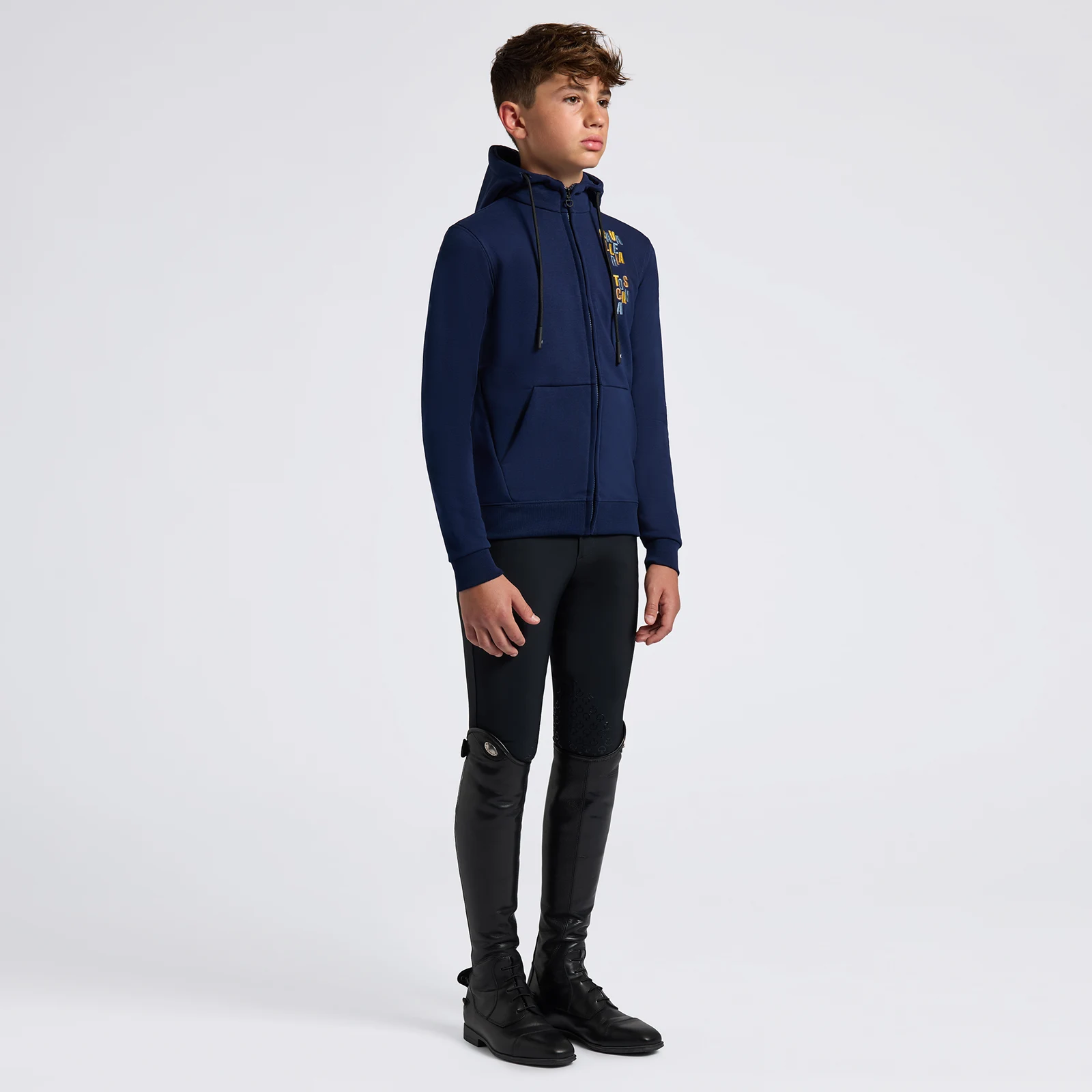 Navy blue hoodie with hood and multicolor logo detail for boy - Cavalleria Toscana