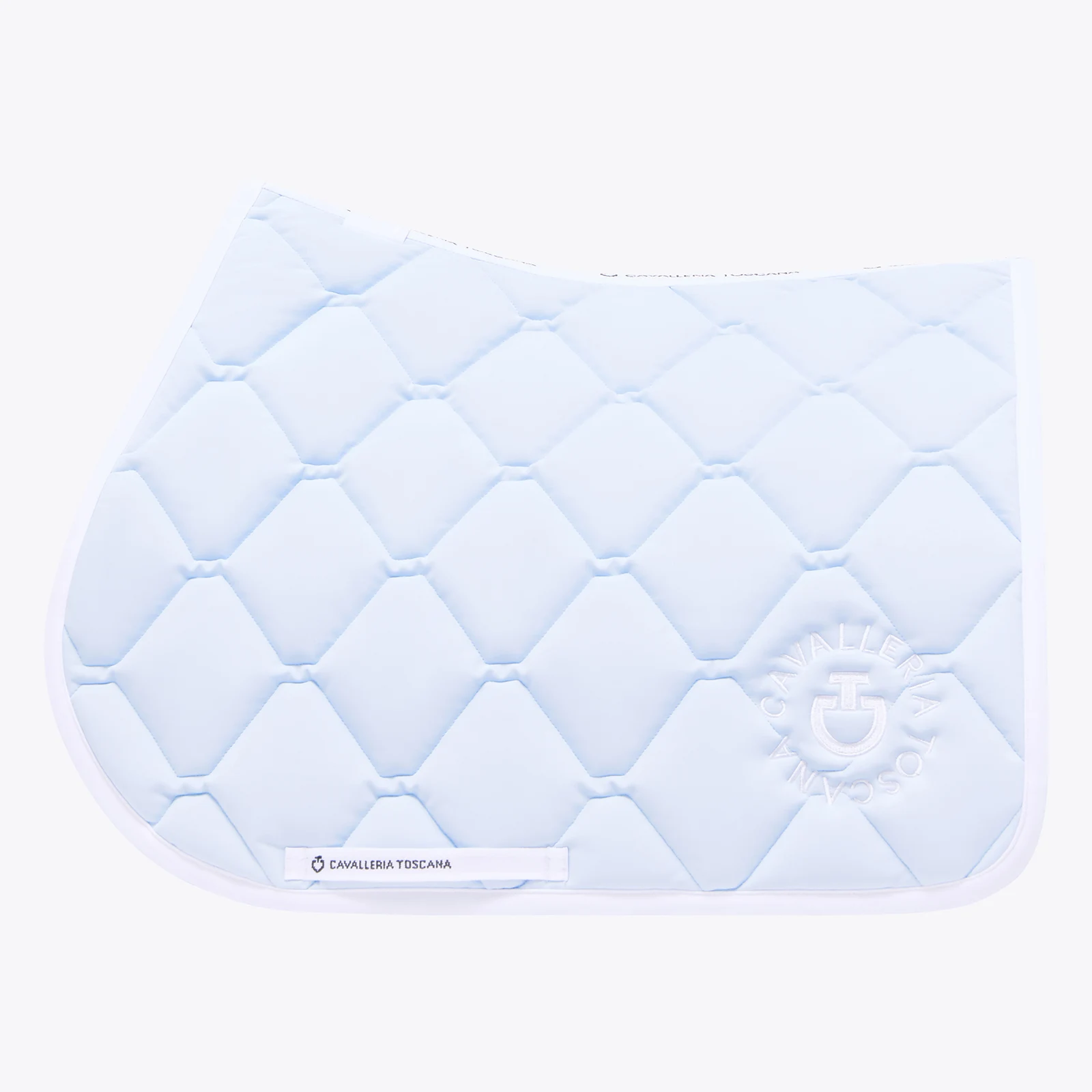 Powder blue jumping saddle pad with white brand embroidery for horse and pony Orbit Quilted - Cavalleria Toscana