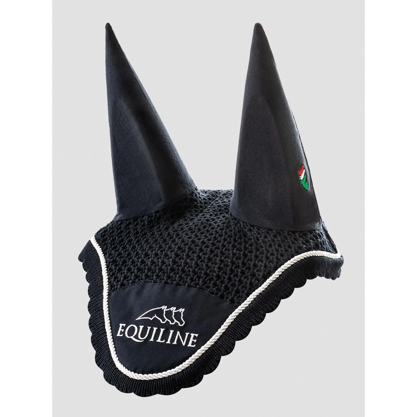 Orejeras de crochet azul marino con orejas elásticas y cordón blanco para caballo Outline - Equiline