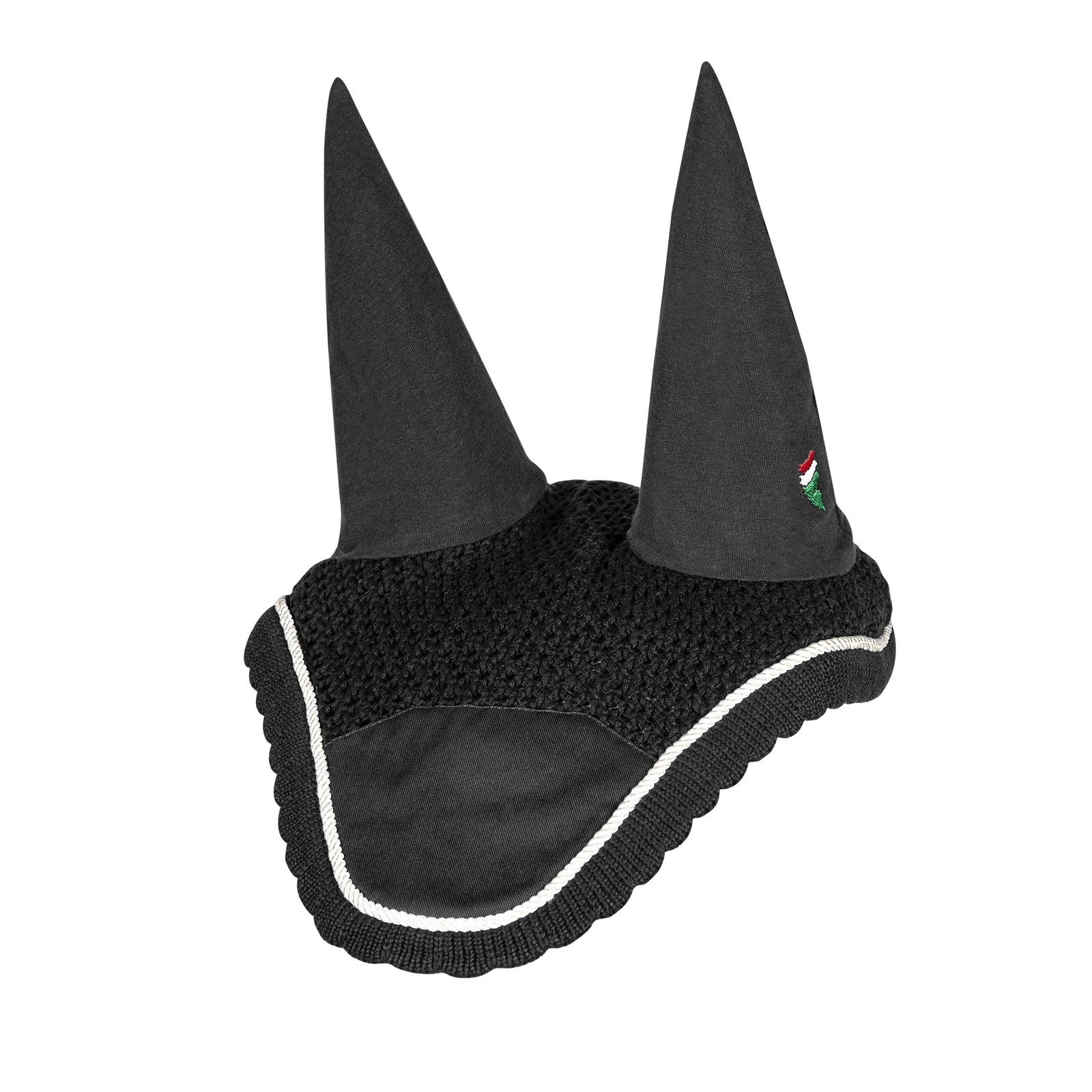 Orejeras de crochet negro con orejas elásticas y cordón blanco para caballo (full) Roma - Equiline