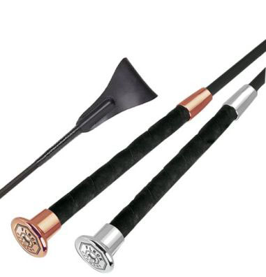 Cravache d'obstacle Fleck Premium noir (60cm) avec finitions métal chromé et/ou or rose et languette en cuir - Fleck