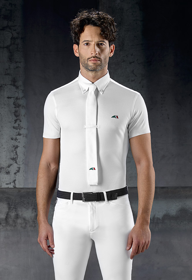 Polo blanco de manga corta para competición con logo tricolor en el pecho para hombre Carlos - Equiline