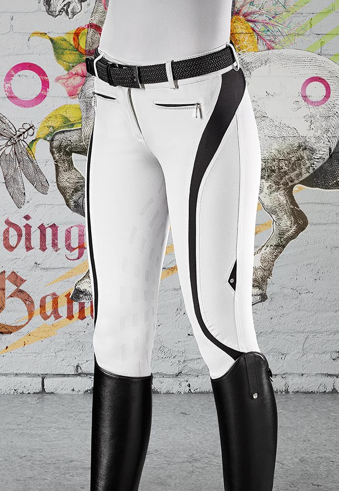 Women’s Francine competition riding breeches by Equiline in white with black detailing, featuring silicone grip on the knees and thighs.