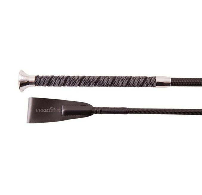 Cravache d'obstacle noir (60cm) à manche caoutchouc gris et lanière en cuir - Premiere