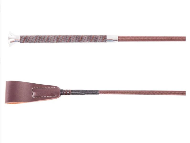 Brown jumping whip (60cm) with grey rubber handle and leather flap by Premiere