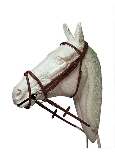Brida anglaise en cuir marron foncé avec muserolle simple et Rênes en caoutchouc blanche pour poney (C et D) - Lexhis