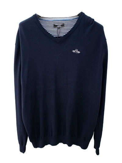 Pull fin en maille bleu marine avec coudières beige pour homme - Bailey - HV Polo