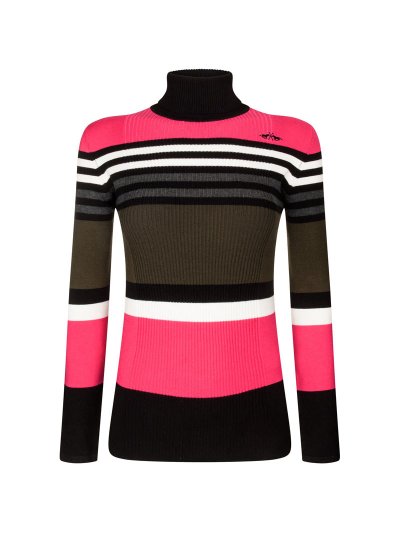Pull fin en maille à col haut et diseño à rayures en fuchsia et noir pour femme - Ofelia - HV Polo