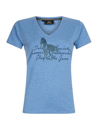 T-shirt bleu clair à manches courtes avec col en V et à strass pour fille - Charon - HV Polo