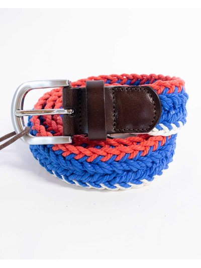 Ceinture tressée bleue, rouge et blanche avec garniture en cuir marron foncé - HV Polo
