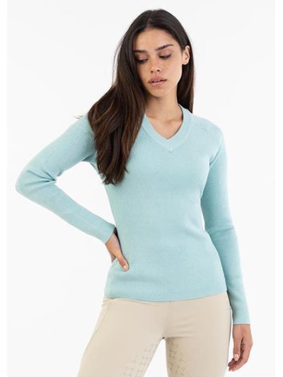 Light blue fine knit sweater for women with silver glitter print and V-neck - Anky