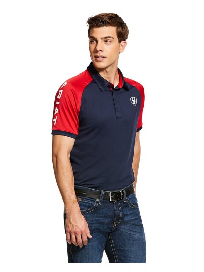 Polo bleu marine et rouge à manches courtes avec el logo blanc sur le haut derecha avant pour homme modèle Team - Ariat