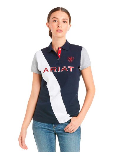 Polo en piqué à manches courtes bleu marine, blanc et gris pour femme - Taryn - Ariat