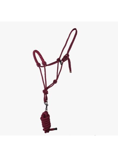 Cabezada de cuadra rosa y negra de cuerda y con ramal para caballo - QHP