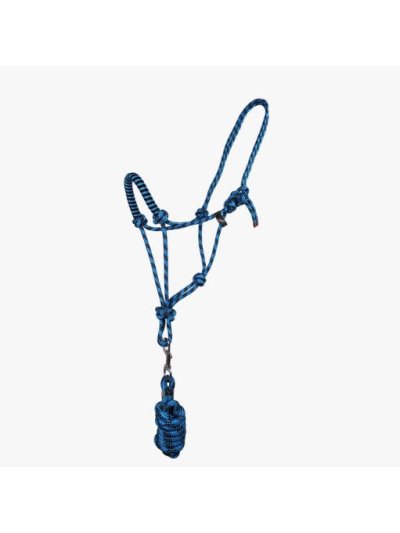 Cabezada de cuadra azul y negro de cuerda y con ramal para caballo - QHP