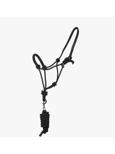 Cabezada de cuadra negra de cuerda y con ramal para caballo - QHP