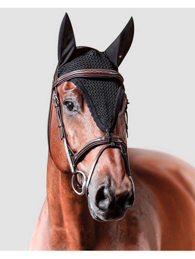 Bonnet en crochet noir avec oreilles élastiques et attache à la muserolle pour cheval (full) - Equiline
