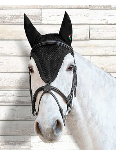 Bonnet en crochet noir avec oreilles élastiques et attache à la muserolle pour cheval (full) - Equiline - imagen 4
