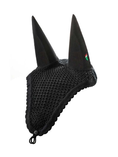 Bonnet en crochet noir avec oreilles élastiques et attache à la muserolle pour cheval (full) - Equiline - imagen 3