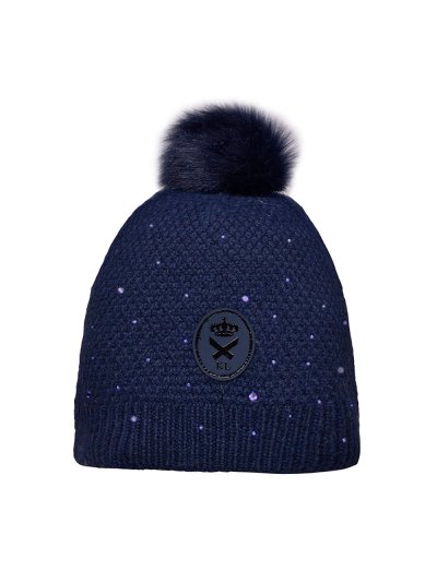 Bonnet épais en maille bleu marine avec pompon et strass - Nakina - Kingsland Dressage