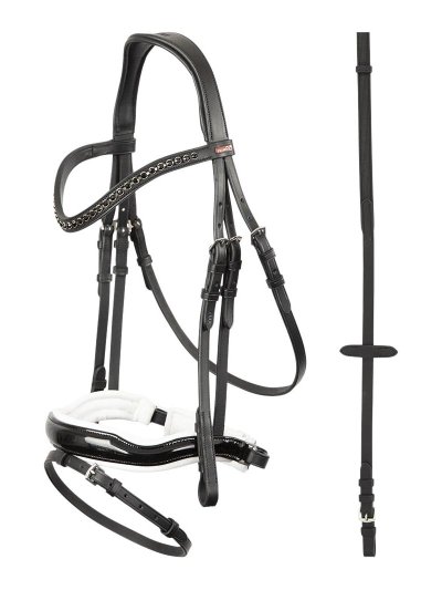 Black and white working bridle with non-slip reins with stops for horse and pony Lorient - Premiere