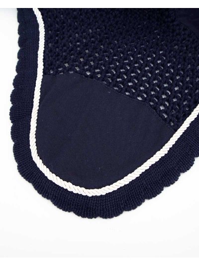 Bonnet en crochet bleu marine avec oreilles élastiques et cordon blanc pour cheval (full) - Roma - Equiline - imagen 2