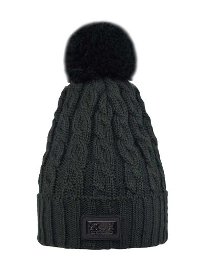 Bonnet épais en maille vert foncé avec pompon et intérieur polaire - Chap - Kingsland