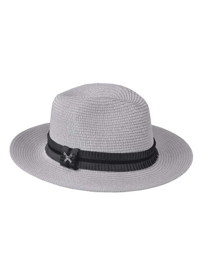Chapeau en paille toquilla gris clair avec ruban plissé noir pour femme - Florian - Kingsland Dressage