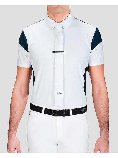 Polo de compétition à manches courtes blanc avec maille bleu marine pour homme - Siamon - Equiline