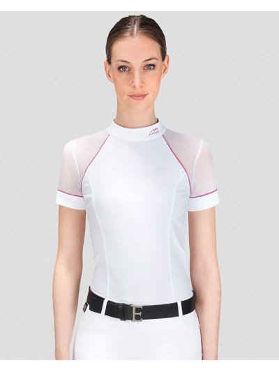 Polo de compétition à manches courtes blanc avec bordures fuchsia et manches de maille pour femme - Giselle - Equiline
