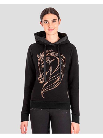 Sweat polaire noire avec capuche et brillants cobrizos pour femme - Glamour - Equiline