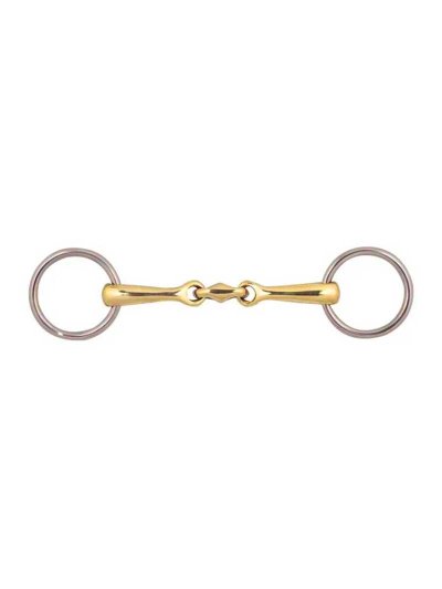 Mors de filet doré en inox à 3 pièces avec anneaux de 15mm et diamètre 4,6cm pour cheval - Zaldi