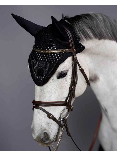 Bonnet en crochet noir avec soie et oreilles élastiques pour cheval (full et/ou cob) - KLnixe - Kingsland