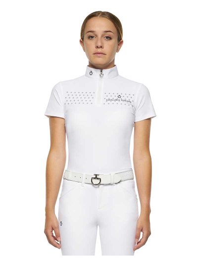 Polo de compétition à manches courtes blanc à pois bleu clair pour fille - Cavalleria Toscana
