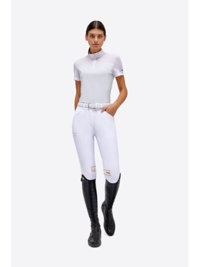 Polo de compétition à manches courtes avec zip et insert en maille blanc et gris pour femme - RG