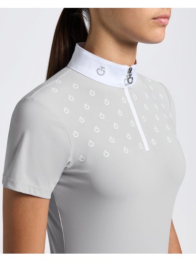 Polo de competicion de manga corta gris claro con estampado del logotipo en blanco para niña -  Cavalleria Toscana