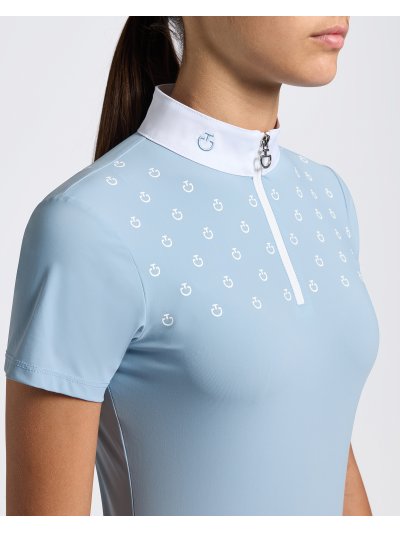 Polo de competicion de manga corta azul celeste con estampado del logotipo en blanco para niña -  Cavalleria Toscana