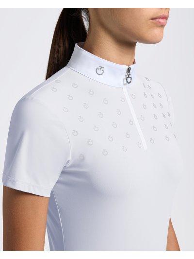 Polo de competicion de manga corta blanca con estampado del logotipo gris claro para niña -  Cavalleria Toscana