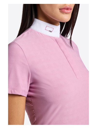 Polo de compétition à manches courtes rose avec el col en blanc pour femme - RG