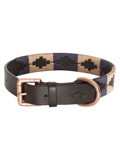 Collier pour chien en cuir marron et brodé marron clair et bleu marine - HV Polo