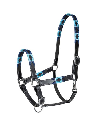 Licol d'écurie en cuir noir avec broderie bleu, blanc et bleu marine pour cheval - Waldhausen
