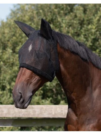 Máscara antimoscas de malla con protección auditiva color negro para caballo y pony - QHP