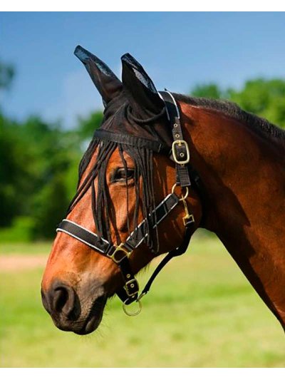 Bonnet en résille noir à franges anti-mouches pour cheval - QHP