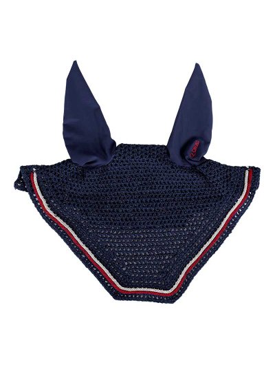 Bonnet en crochet bleu marine, blanc et rouge avec oreilles élastiques pour cheval et poney - QHP