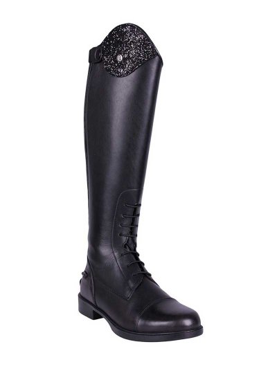 Bottes noires d'équitation a cheval à lacets et rabat à paillettes junior - Romy - QHP