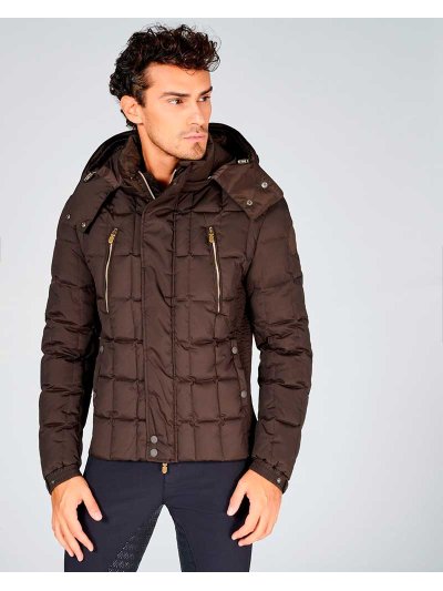 Manteau matelassé marron foncé avec capuche et col haut pour homme modèle Jackson - Vestrum