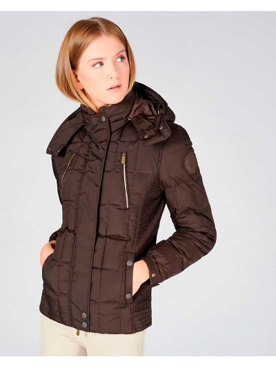 Manteau matelassé marron foncé à col haut et capuche pour femme modèle La Thuille - Vestrum
